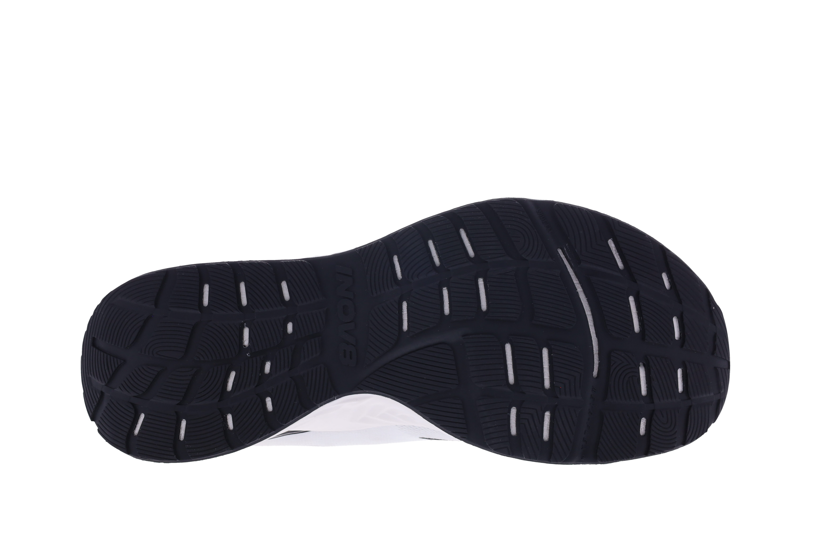 RoadFly - Men running shoe by Inov8 in black and white with road-specific sole designed for fast pavement running.