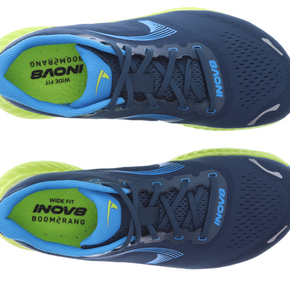 RoadFly Wide - Men by Inov8 in navy blue and bright green, wide fit road running shoes designed for fast pavement runs