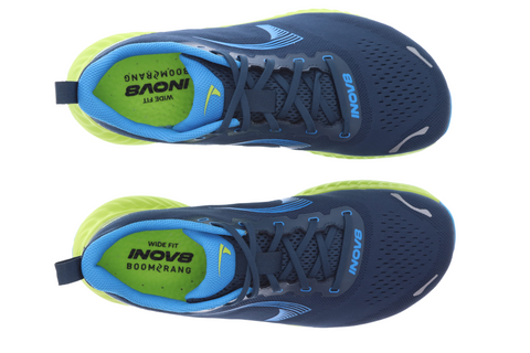 RoadFly Wide - Men by Inov8 in navy blue and bright green, wide fit road running shoes designed for fast pavement runs