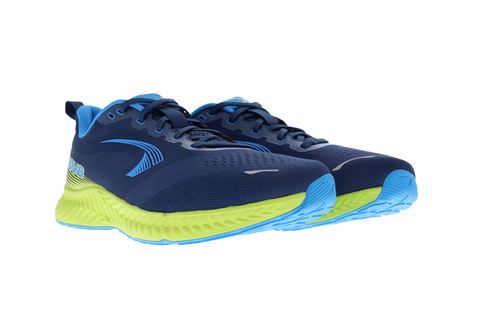 RoadFly Wide - Men by Inov8 in navy blue and lime green, lightweight road running shoe designed for fast pavement and path running.