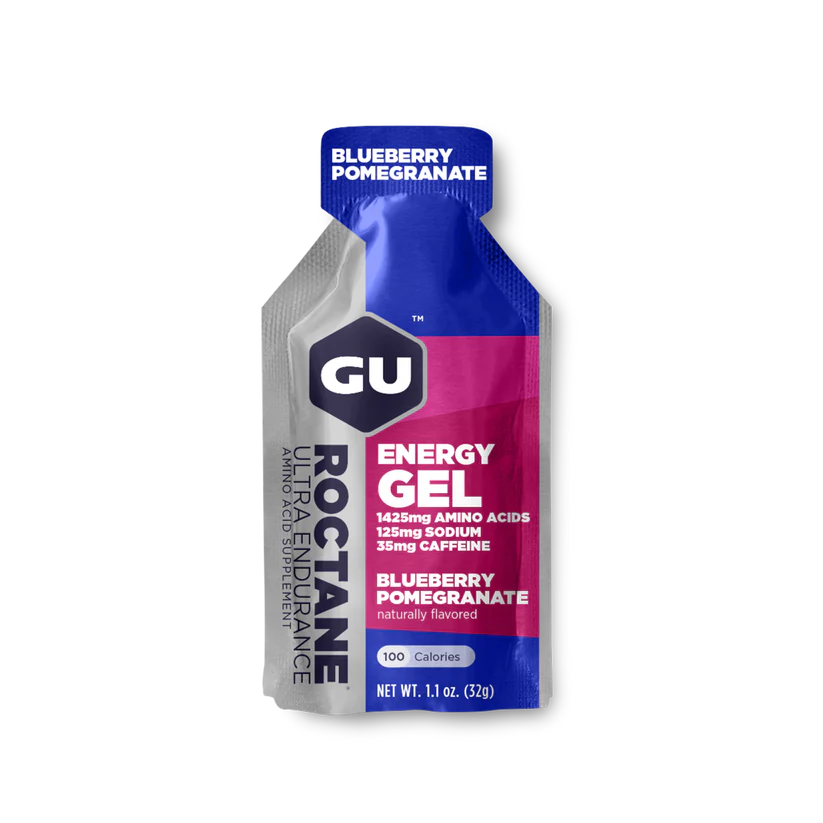 Roctane Energy Gel by GU Energy in blue and red, blueberry pomegranate flavor with amino acids, electrolytes, caffeine for endurance