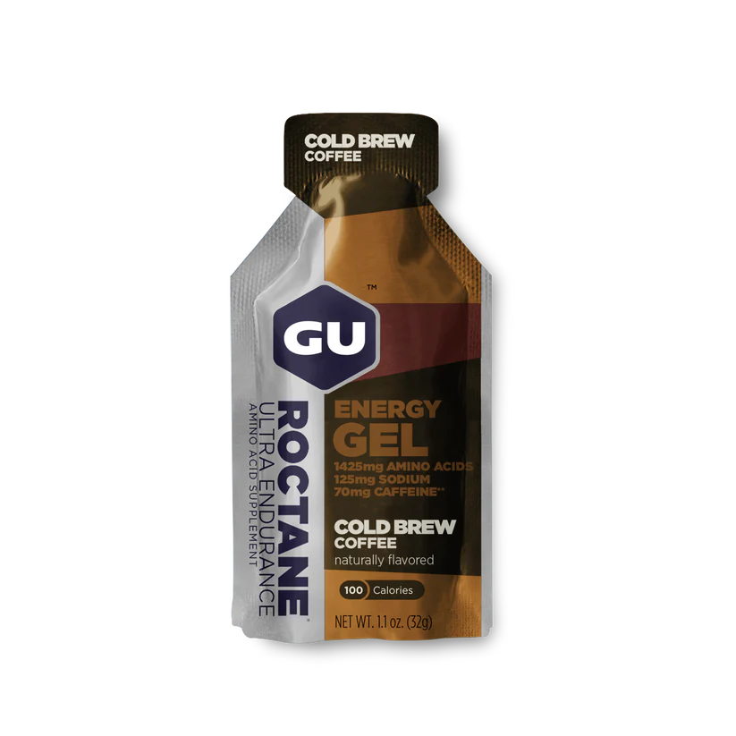 Roctane Energy Gel Cold Brew Coffee by GU Energy in brown and black, with electrolytes and amino acids for endurance and hydration