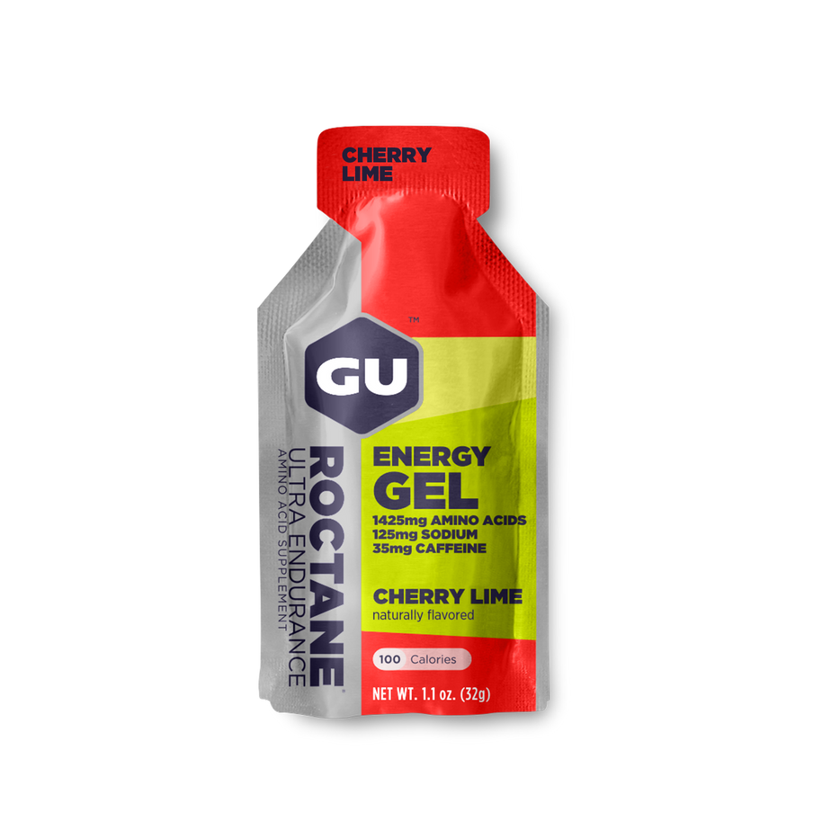Roctane Energy Gel Cherry Lime by GU Energy, red and green electrolyte gel with amino acids for hydration and muscle support during intense exercise