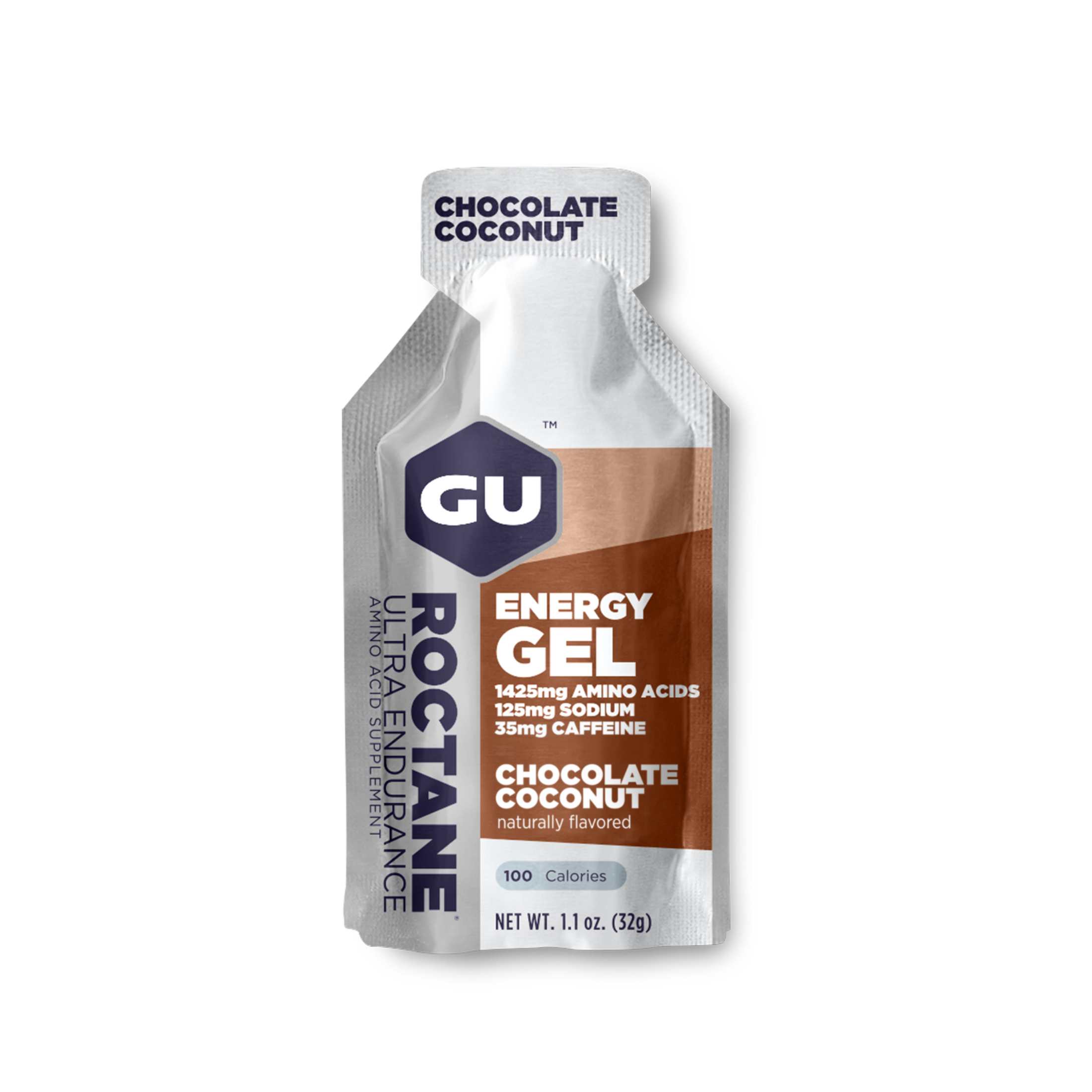 Roctane Energy Gel by GU Energy in chocolate coconut, high electrolyte hydration with amino acids for endurance activities
