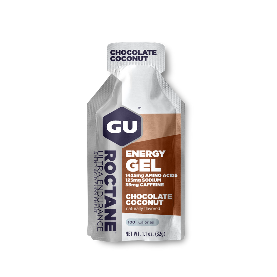 Roctane Energy Gel by GU Energy in chocolate coconut, high electrolyte hydration with amino acids for endurance activities