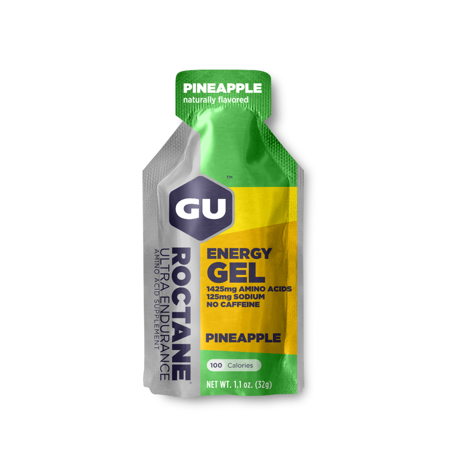Roctane Energy Gel Pineapple by GU Energy in green and yellow, ultra endurance gel with amino acids and electrolytes for hydration and muscle support