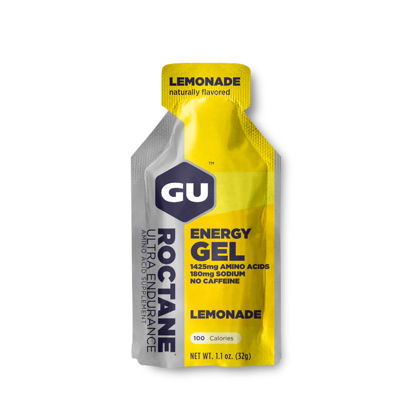 Roctane Energy Gel Lemonade by GU Energy in yellow and silver, energy gel with electrolytes and amino acids for endurance hydration