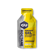 Roctane Energy Gel Lemonade by GU Energy in yellow and silver, energy gel with electrolytes and amino acids for endurance hydration