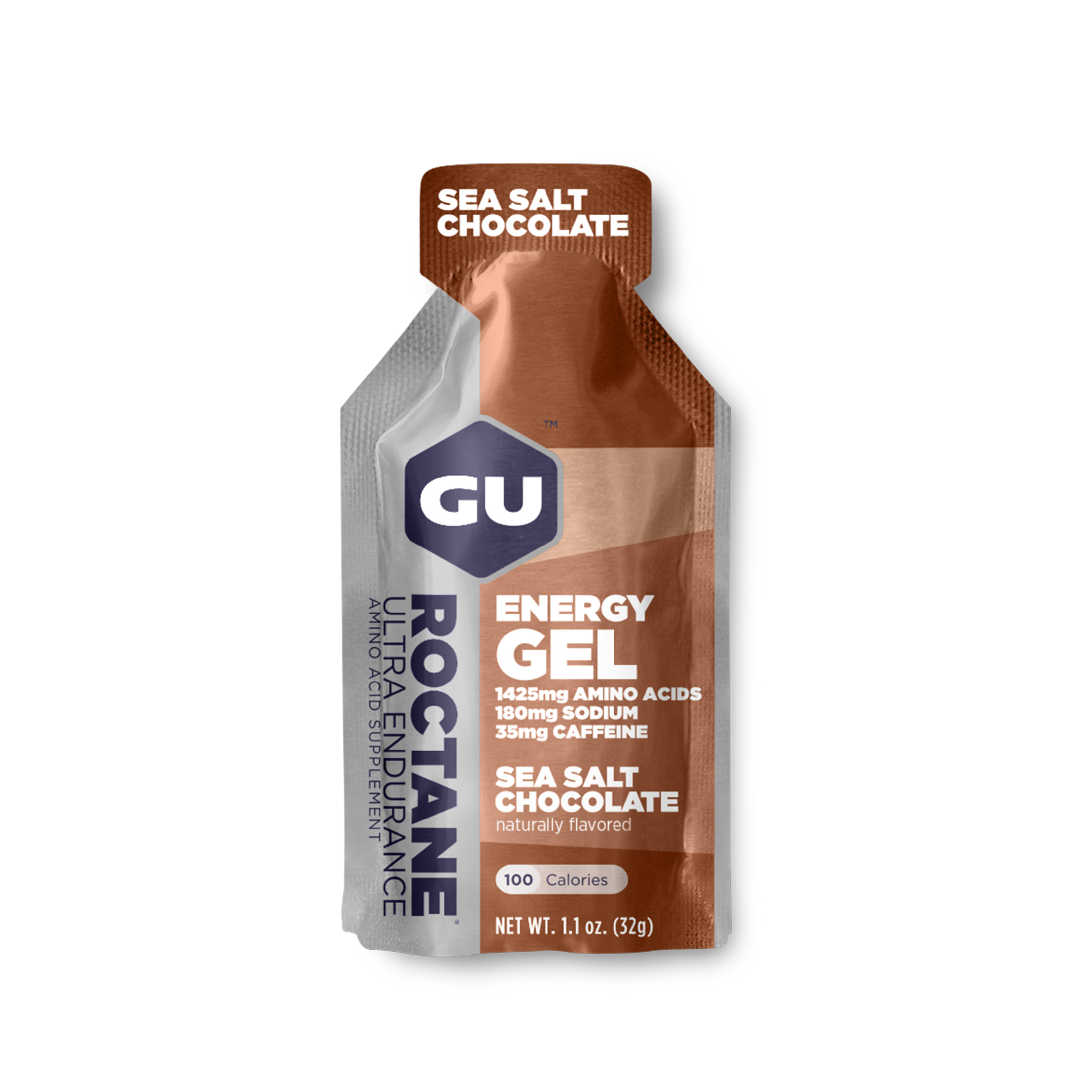 Roctane Energy Gel Sea Salt Chocolate by GU Energy in brown and silver, with amino acids and electrolytes for endurance hydration