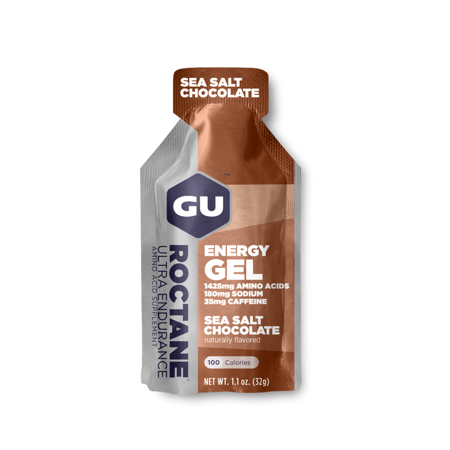 Roctane Energy Gel Sea Salt Chocolate by GU Energy in brown and silver, with amino acids and electrolytes for endurance hydration