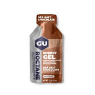 Roctane Energy Gel Sea Salt Chocolate by GU Energy in brown and silver, with amino acids and electrolytes for endurance hydration