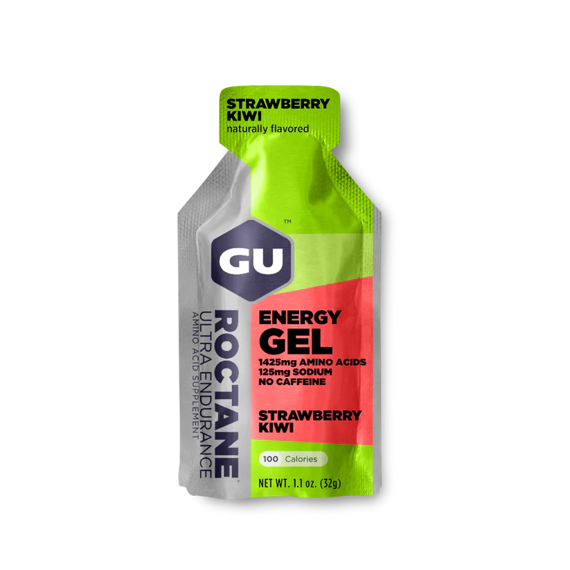 Roctane Energy Gel Strawberry Kiwi by GU Energy in green and red, hydration and amino acids for endurance running and high-intensity use