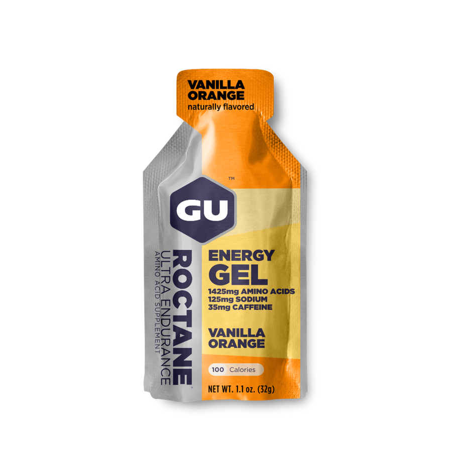 Roctane Energy Gel Vanilla Orange by GU Energy in orange and silver, with amino acids and electrolytes for endurance and hydration
