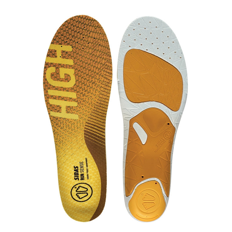 3 Feet Run Sense High Running Insoles by Sidas in yellow and white with high arch support for running and natural stride control