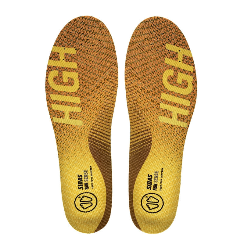 3 Feet Run Sense High Running Insoles by Sidas in yellow and brown for high arches, enhancing natural stride and terrain connection.