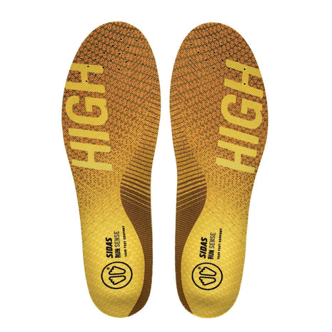 3 Feet Run Sense High Running Insoles by Sidas in yellow and brown for high arches, enhancing natural stride and terrain connection.