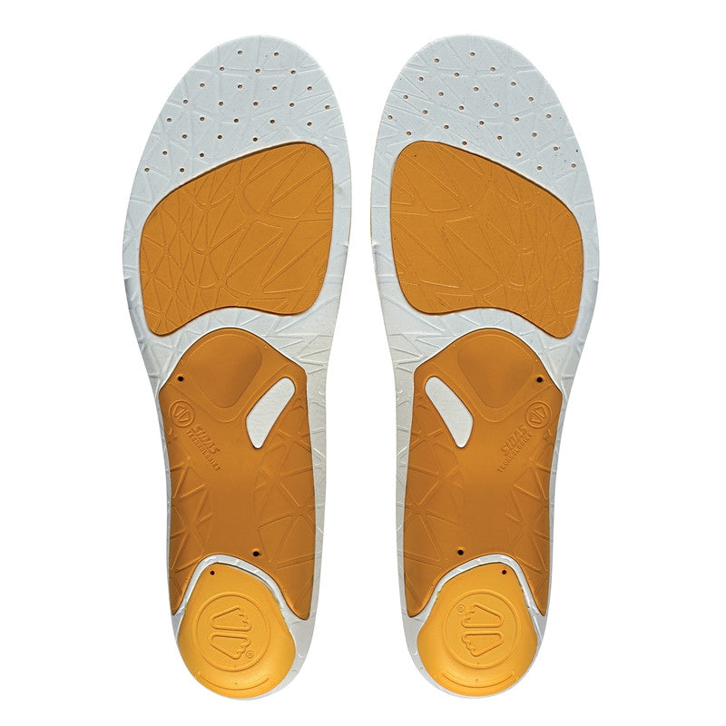 3 Feet Run Sense High Running Insoles by Sidas in white and orange, designed for high arches to enhance running stride and terrain connection