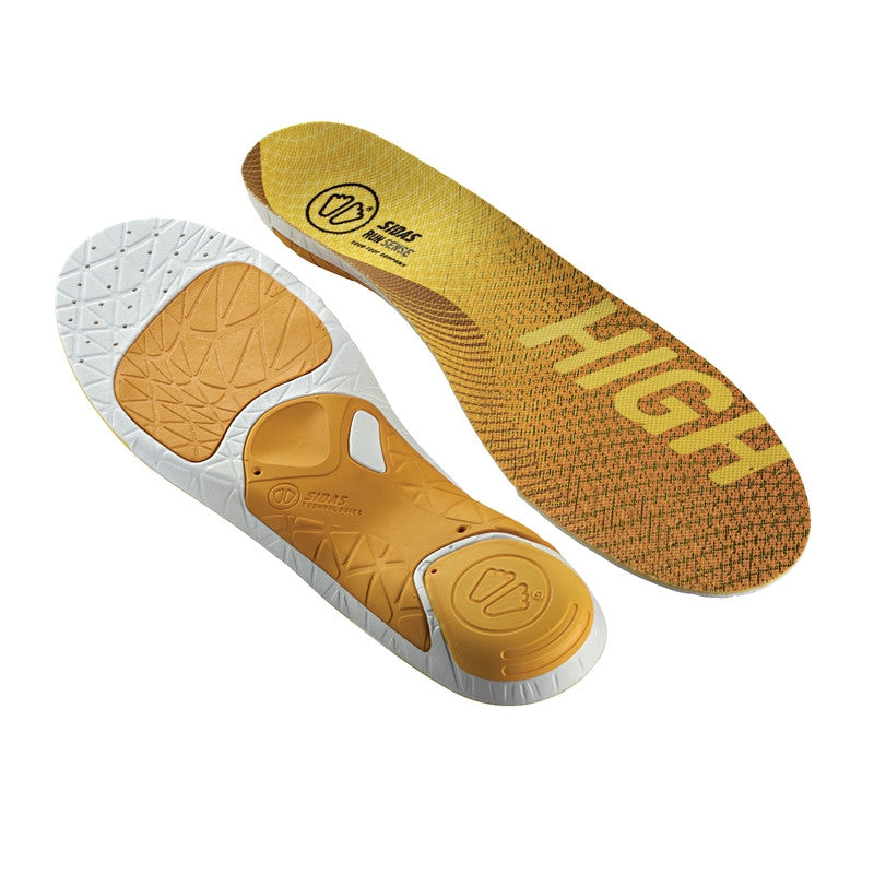 3 Feet Run Sense High Running Insoles by Sidas in yellow and white, designed for high arches, enhancing natural stride for runners