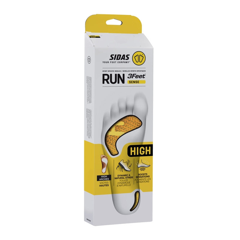 3 Feet Run Sense High Running Insoles by Sidas in yellow and white, designed for high arches to boost natural stride and sensation