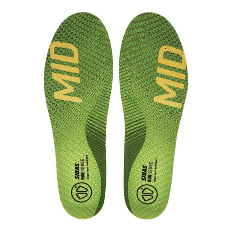 3 Feet Run Sense Mid Running Insoles by Sidas in green and yellow, medium arch support for natural stride and running comfort