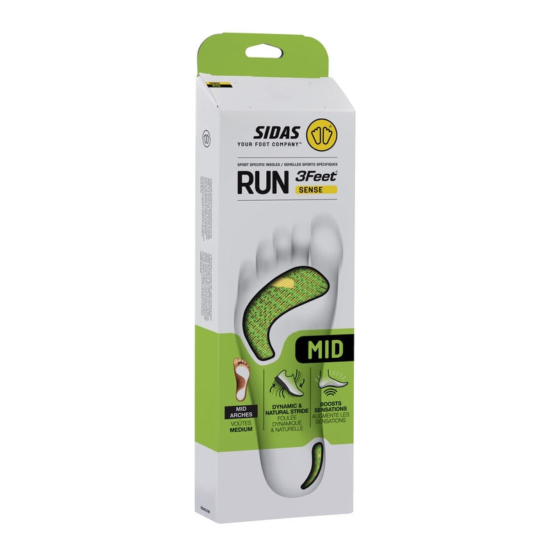3 Feet Run Sense Mid Running Insoles by Sidas in green and black for medium arches, enhancing natural stride and running comfort
