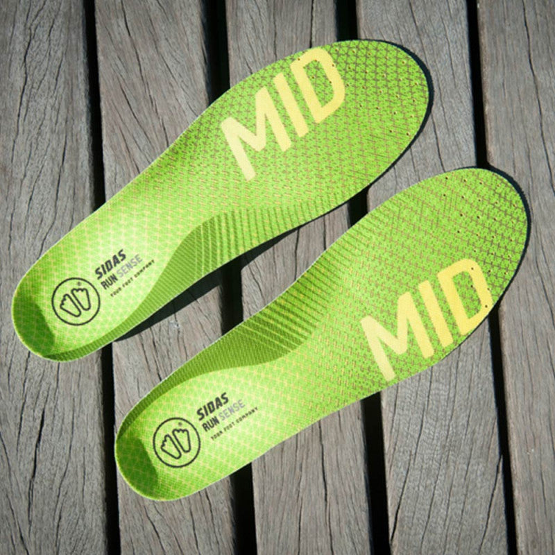 3 Feet Run Sense Mid Running Insoles by Sidas in green, medium arch support for natural stride and running comfort