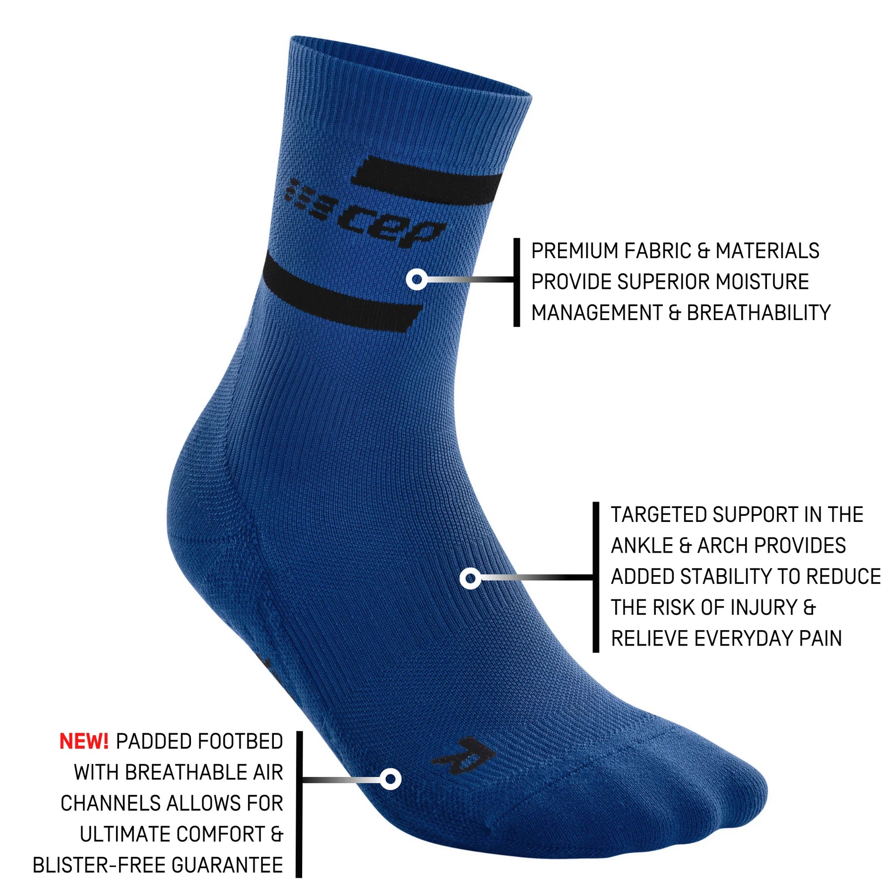 Run Compression Socks 4.0 Mid Cut - Men by CEP Sports in blue with moisture management, ankle support, and padded footbed for injury prevention