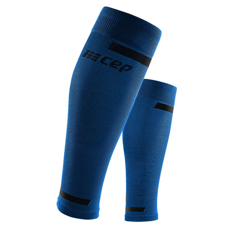 Pair of CEP Sports Run Compression 4.0 Calf Sleeves men's sleeves in Blue, side view with black CEP logo and stripes