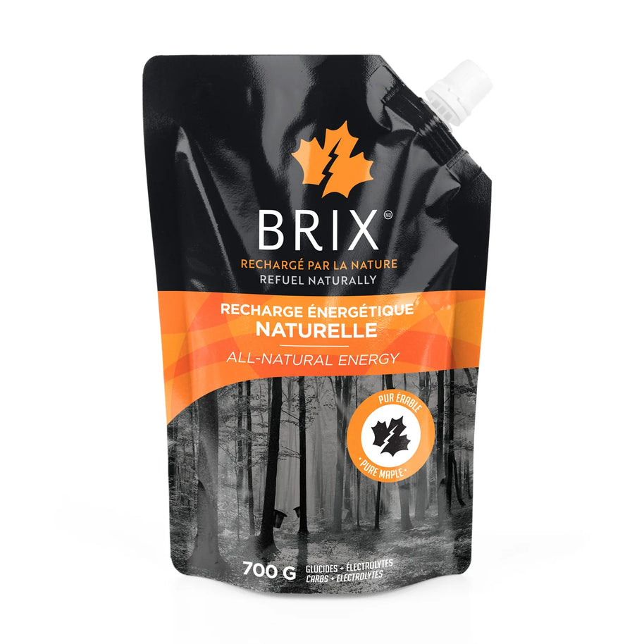 Energy Gel - Maple by Brix in black and orange pouch, all-natural maple syrup energy gel with Himalayan salt for endurance nutrition