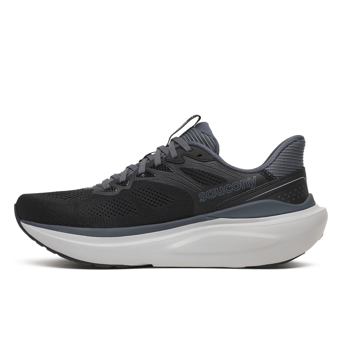 Saucony Echelon 11 men's road running shoe in Black/Gunmetal, inner side view showing the Saucony logo