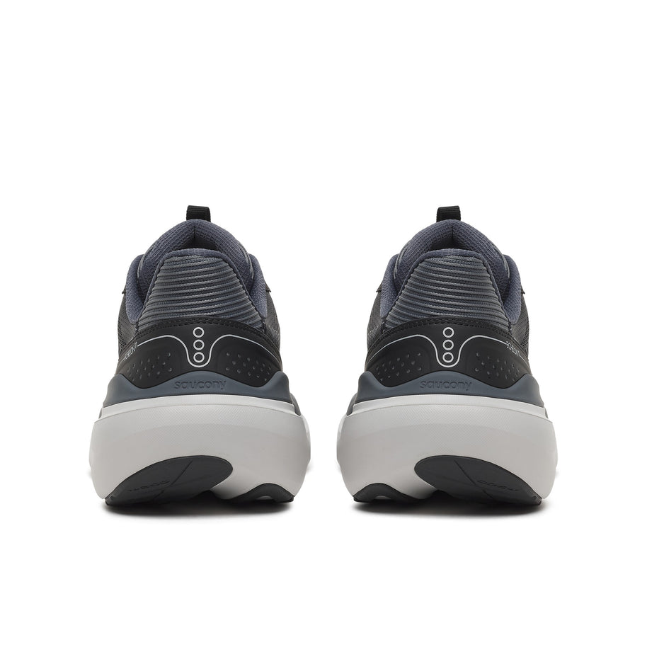 Back heel view of a pair of Saucony Echelon 11 men's road running shoes in Black/Gunmetal