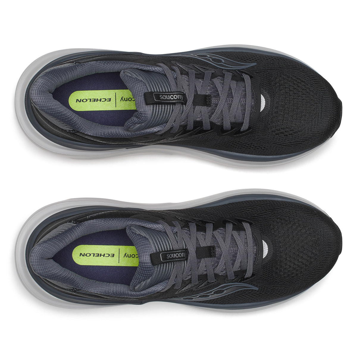 Top-down view of a pair of Saucony Echelon 11 men's road running shoes in Black/Gunmetal with laces and insoles