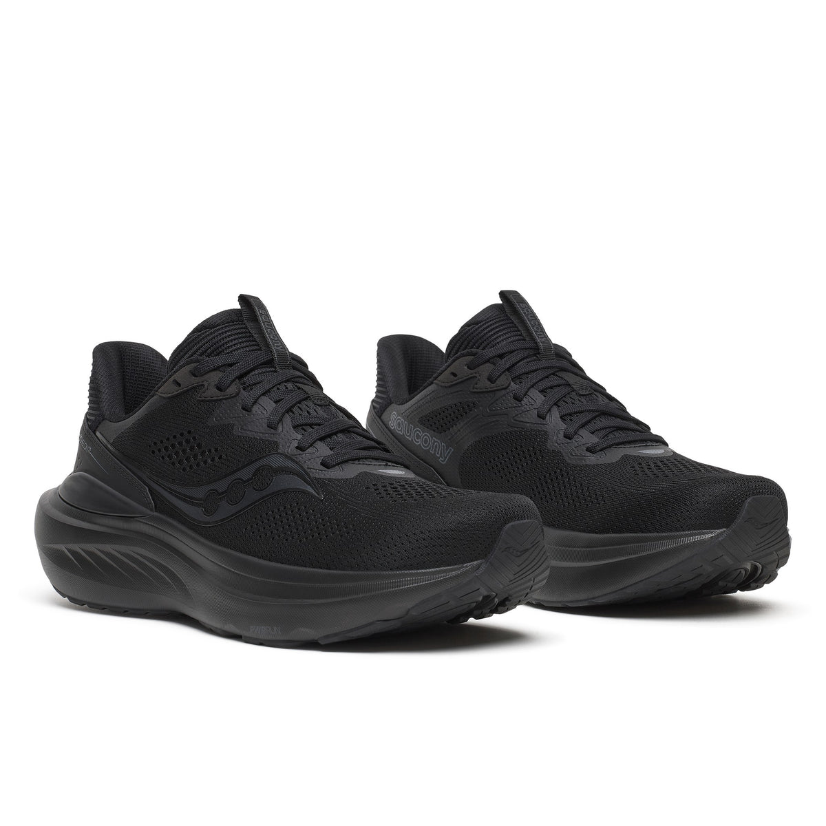 Pair of Saucony Echelon 11 men's road running shoes in Triple Black, front three-quarter view