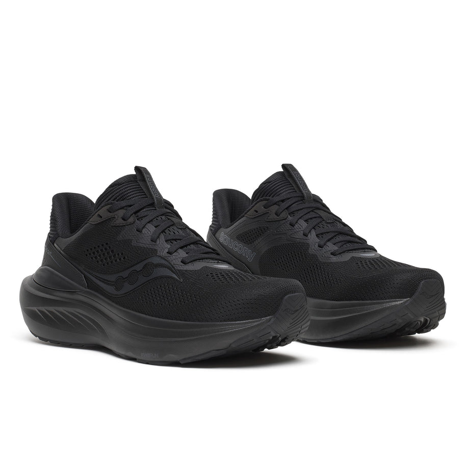 Pair of Saucony Echelon 11 men's road running shoes in Triple Black, front three-quarter view