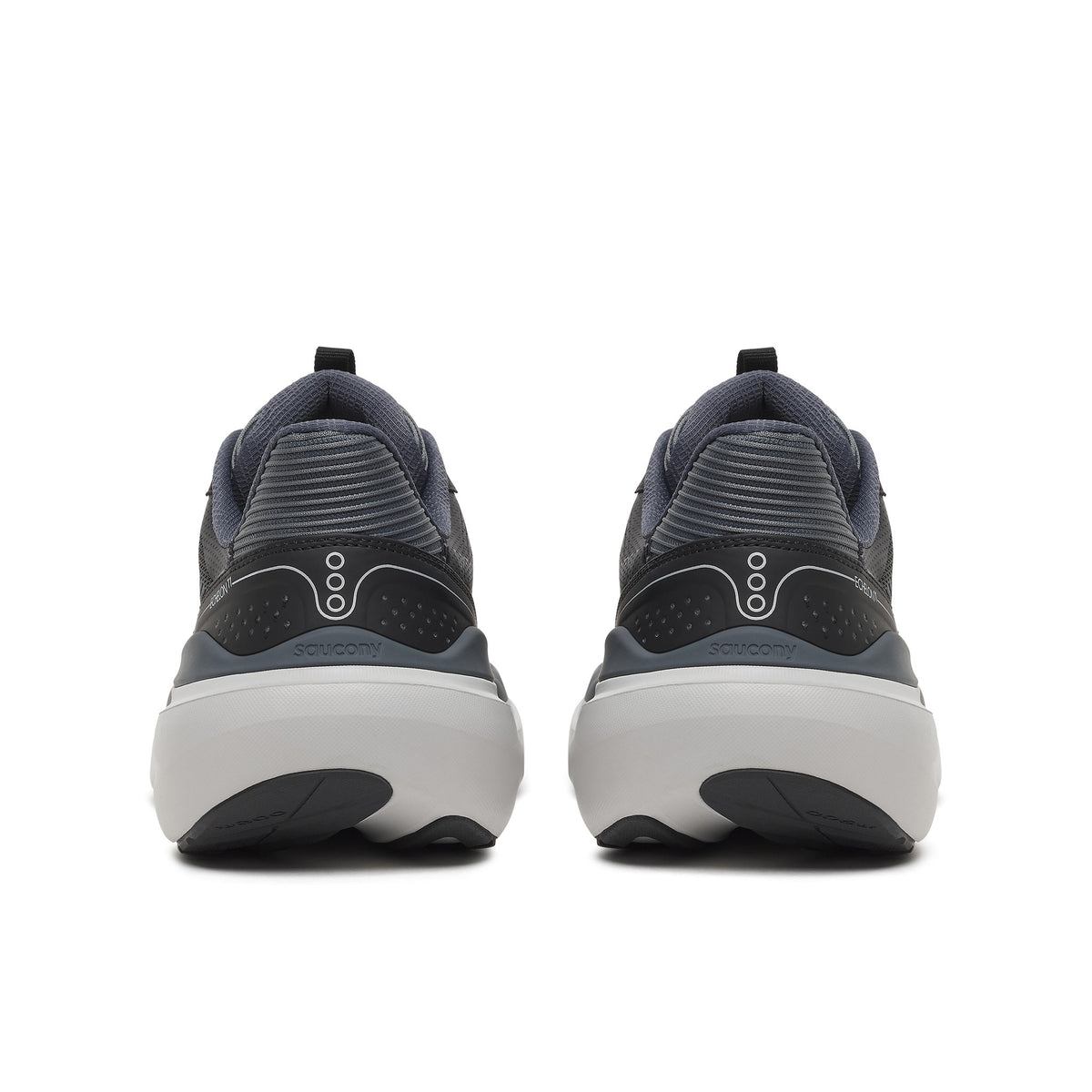 Back heel view of a pair of Saucony Echelon 11 Wide men's road running shoes in Black/Gunmetal