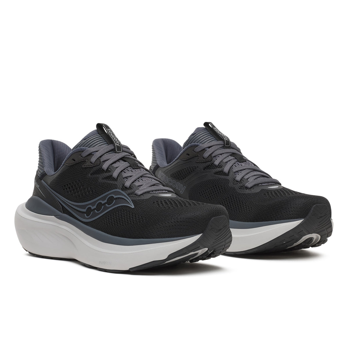 Pair of Saucony Echelon 11 Wide women's road running shoes in Black/White, front three-quarter view