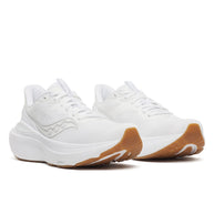 Pair of Saucony Echelon 11 Wide women's road running shoes in White/Gum (white with gum outsole), front three-quarter view