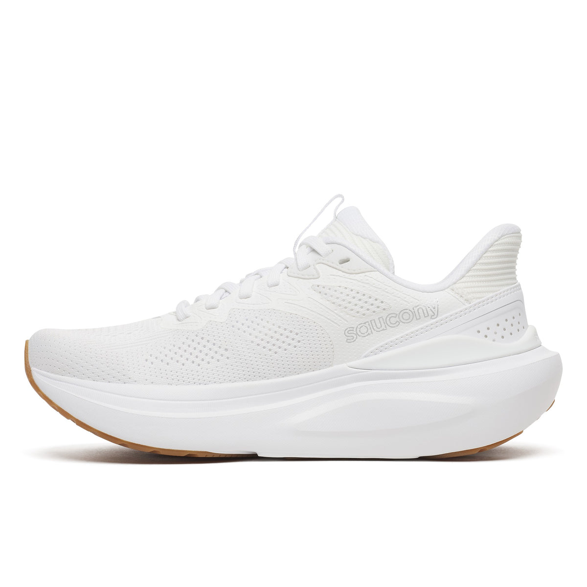 Saucony Echelon 11 Wide women's road running shoe in White/Gum (white with gum outsole), inner side view showing the Saucony logo