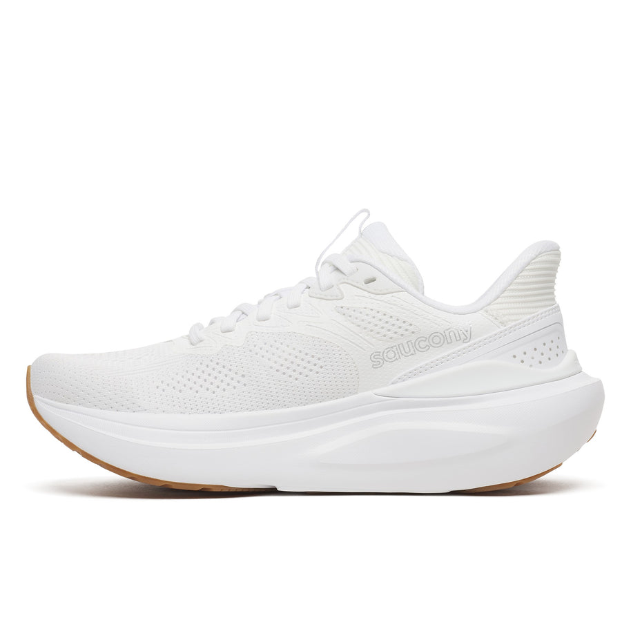 Saucony Echelon 11 Wide women's road running shoe in White/Gum (white with gum outsole), inner side view showing the Saucony logo