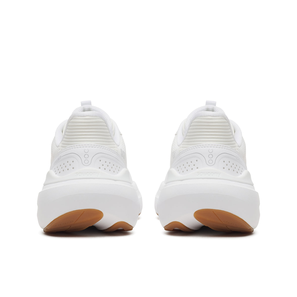Back heel view of a pair of Saucony Echelon 11 Wide women's road running shoes in White/Gum (white with gum outsole)