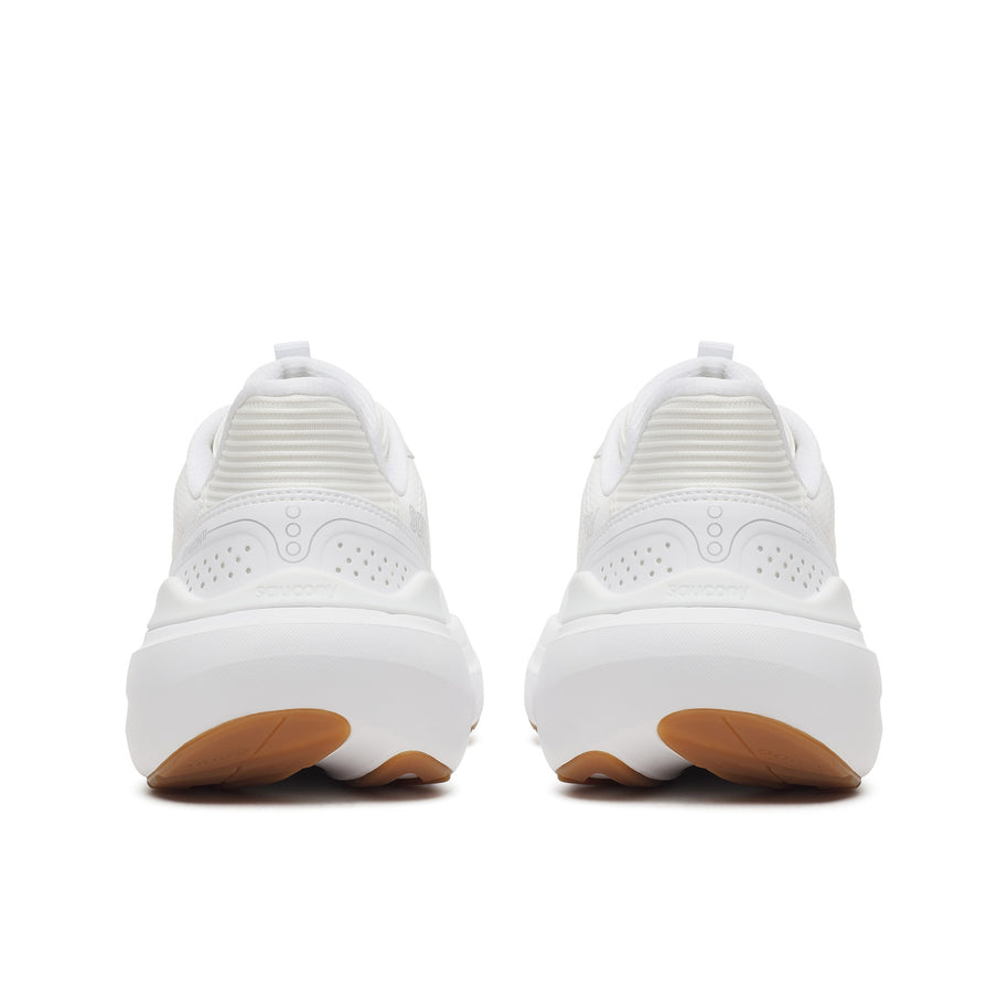 Back heel view of a pair of Saucony Echelon 11 Wide women's road running shoes in White/Gum (white with gum outsole)
