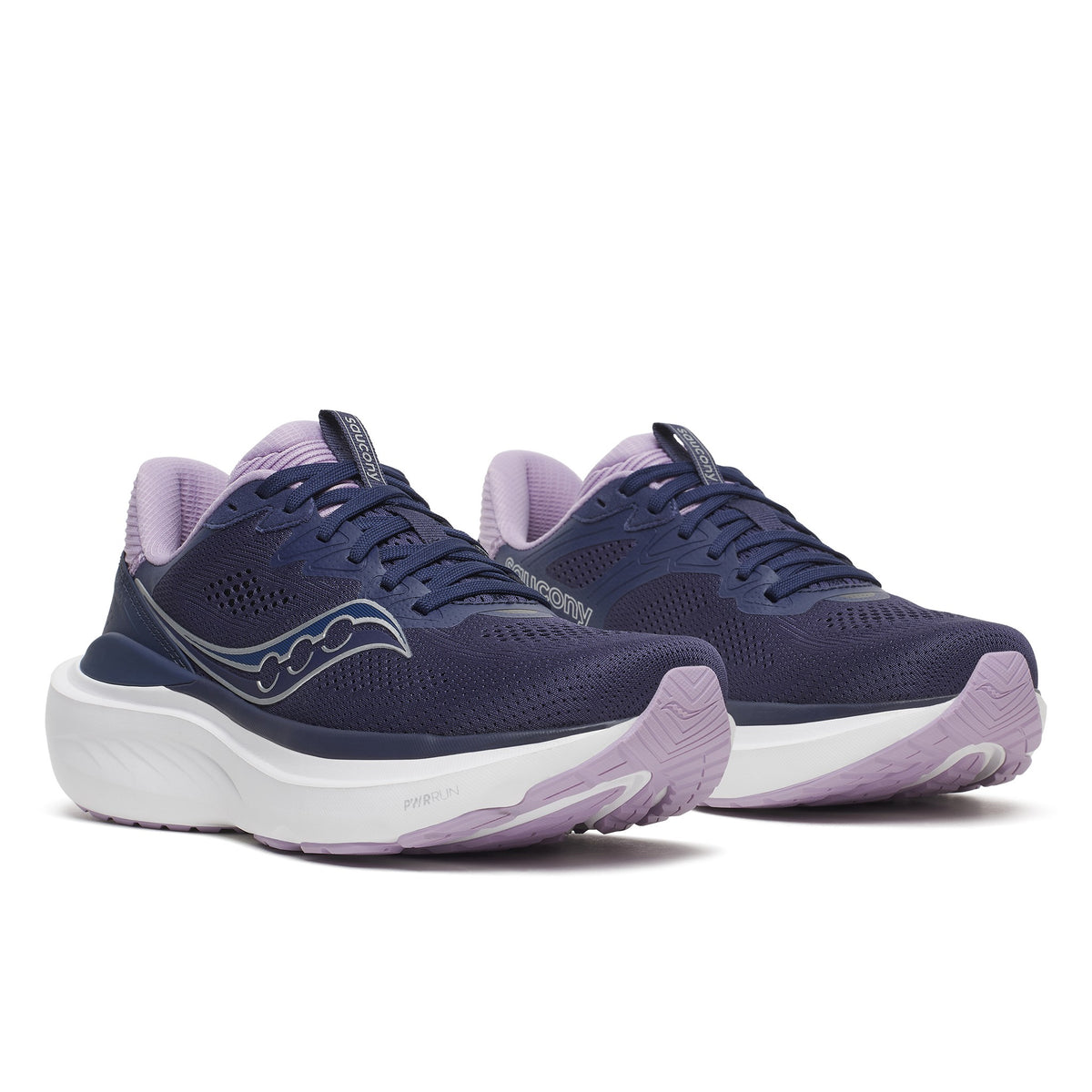 Pair of Saucony Echelon 11 Wide women's road running shoes in Naval/Pastel (navy with lilac trim), front three-quarter view