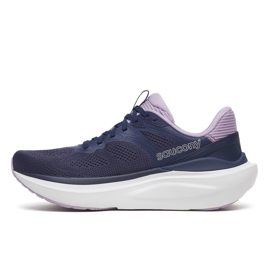 Saucony Echelon 11 Wide women's road running shoe in Naval/Pastel (navy with lilac trim), inner side view showing the Saucony logo