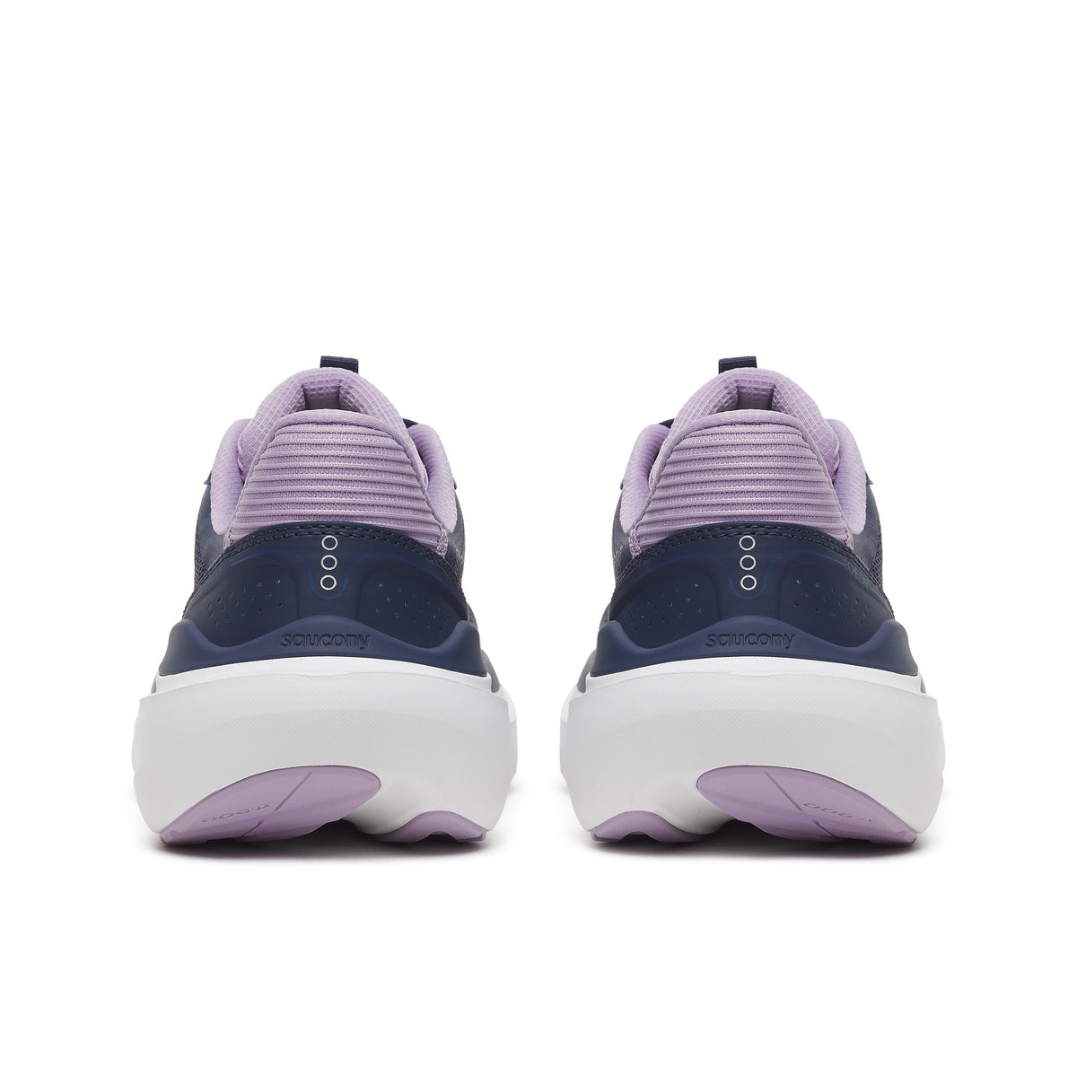 Back heel view of a pair of Saucony Echelon 11 Wide women's road running shoes in Naval/Pastel (navy with lilac trim)