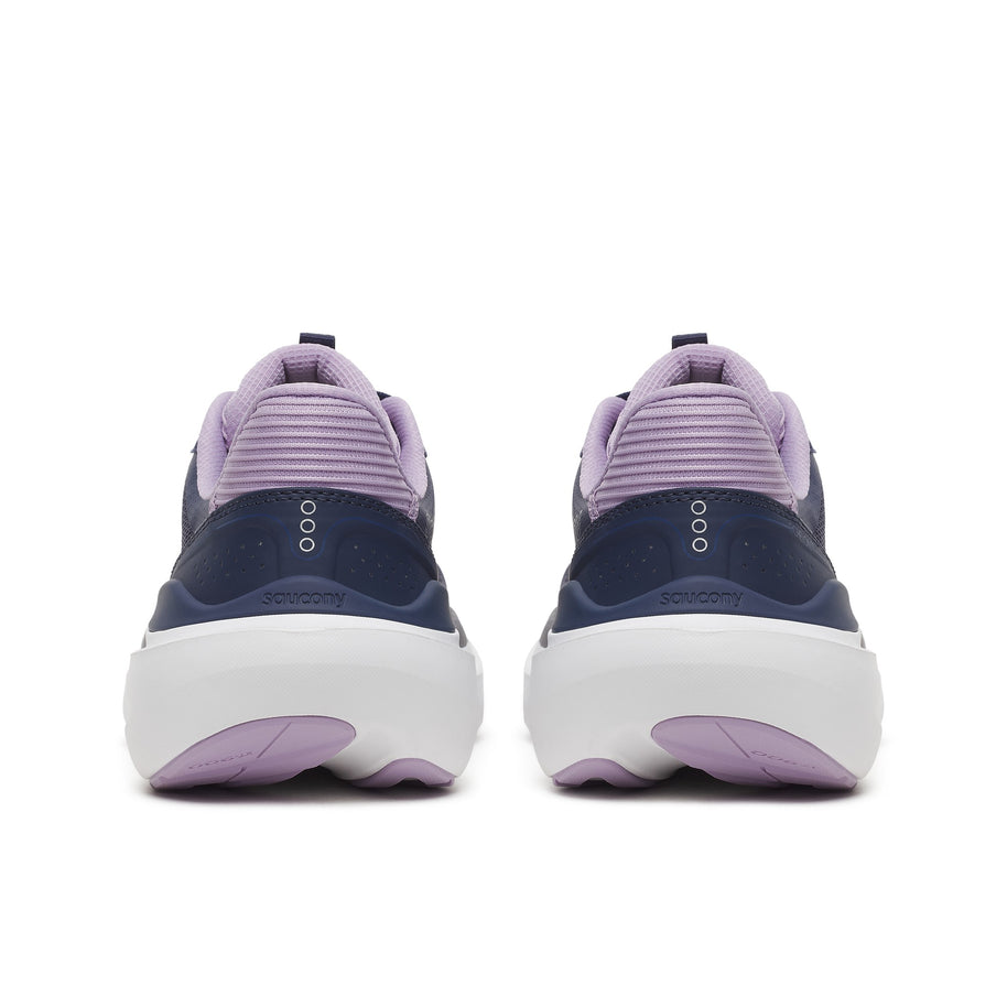 Back heel view of a pair of Saucony Echelon 11 Wide women's road running shoes in Naval/Pastel (navy with lilac trim)