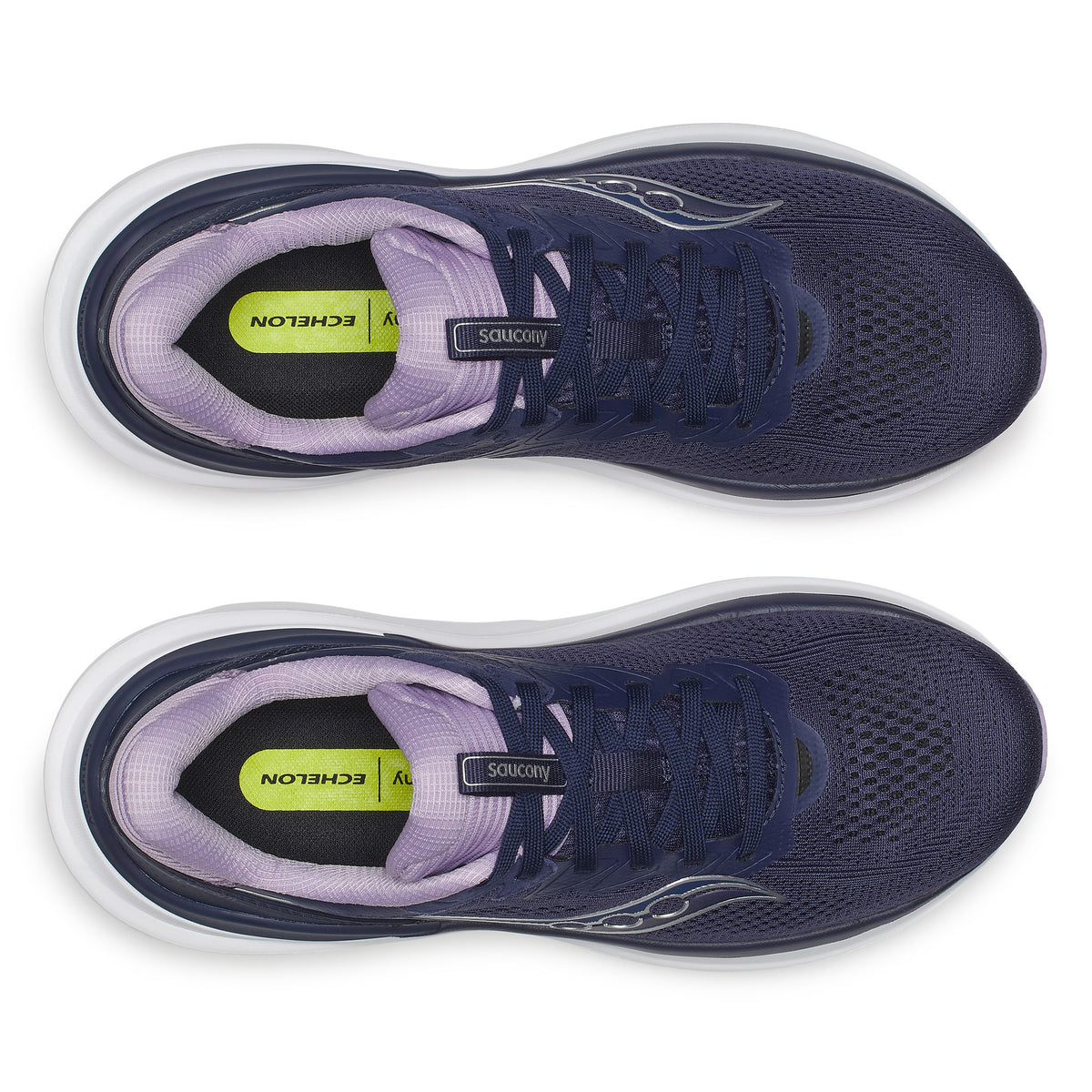Top-down view of a pair of Saucony Echelon 11 Wide women's road running shoes in Naval/Pastel (navy with lilac trim)