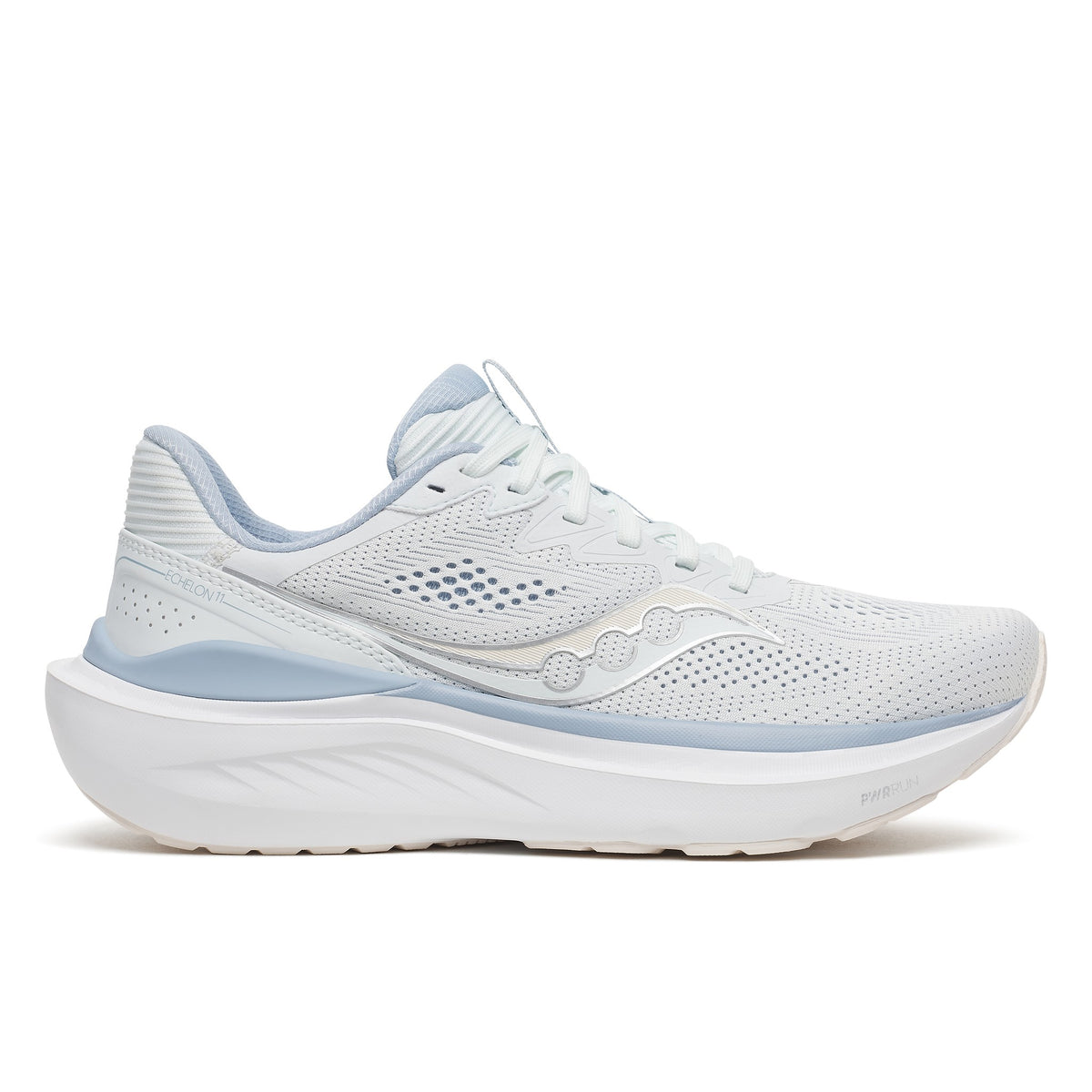 Saucony Echelon 11 Wide women's road running shoe in Hue/Celestial (white with pale blue trim), side view