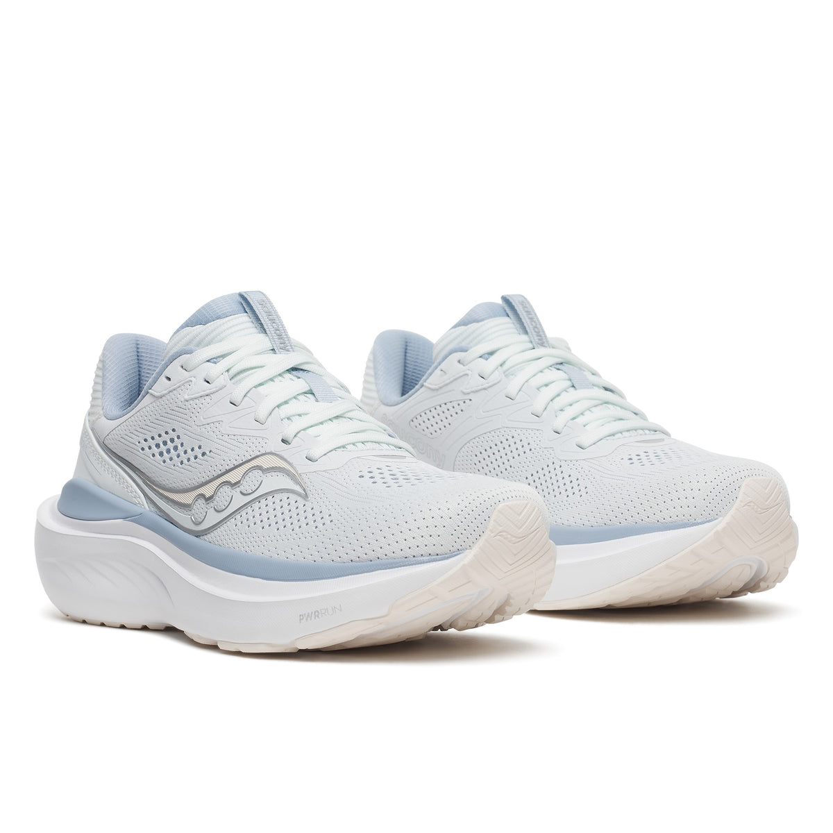 Pair of Saucony Echelon 11 Wide women's road running shoes in Hue/Celestial (white with pale blue trim), front three-quarter view