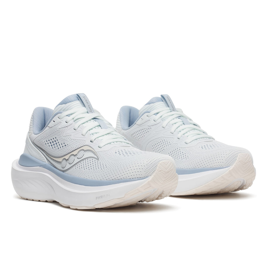 Pair of Saucony Echelon 11 Wide women's road running shoes in Hue/Celestial (white with pale blue trim), front three-quarter view