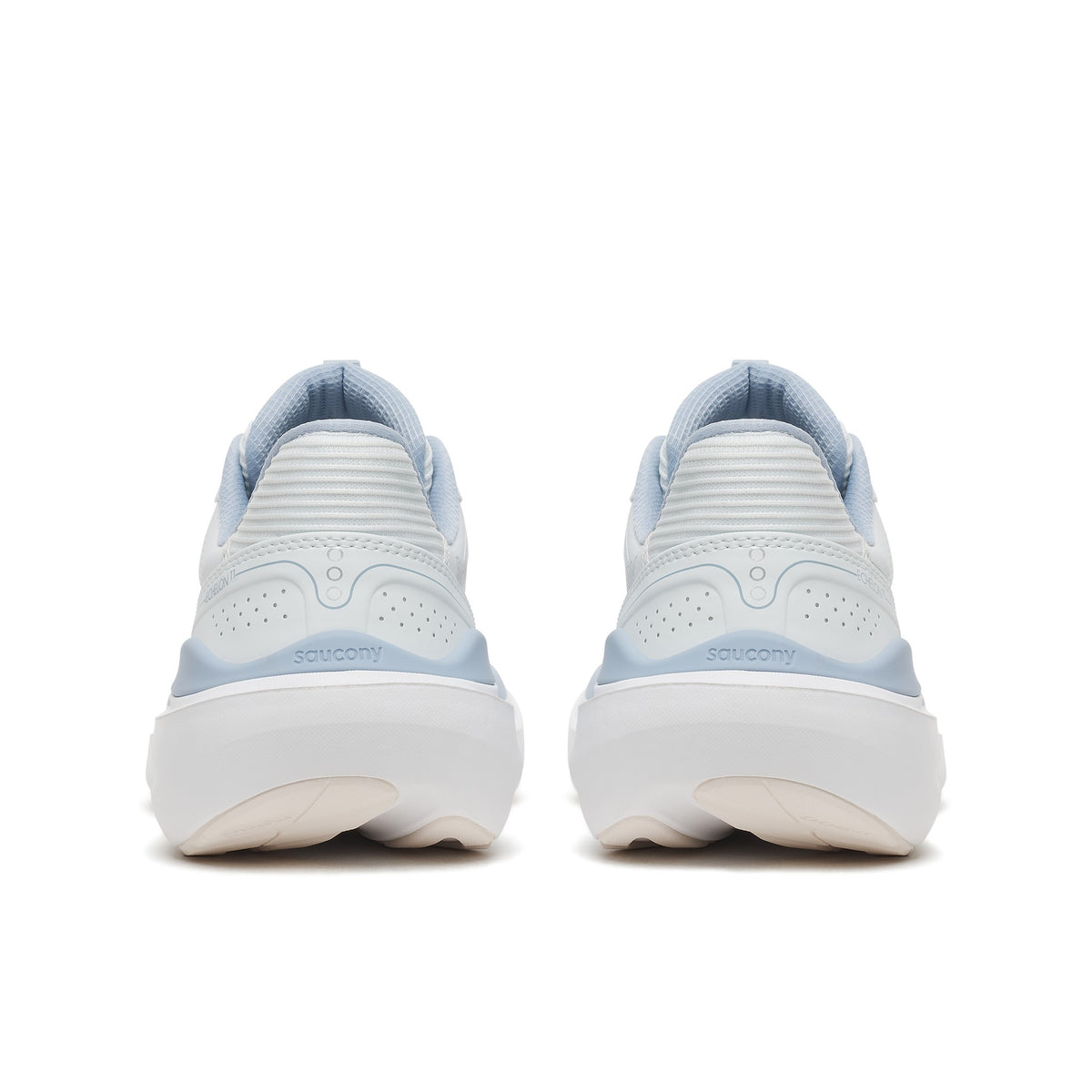Back heel view of a pair of Saucony Echelon 11 Wide women's road running shoes in Hue/Celestial (white with pale blue trim)